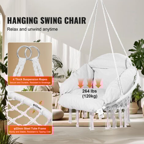 Mophorn Hanging Hammock Swing Chair, Macrame Hanging Chair with Cushion and Mounting Hardware, Cotton Rope Swing Chair for Bedroom, Balcony, Patio, Garden, 264 lbs Capacity, White