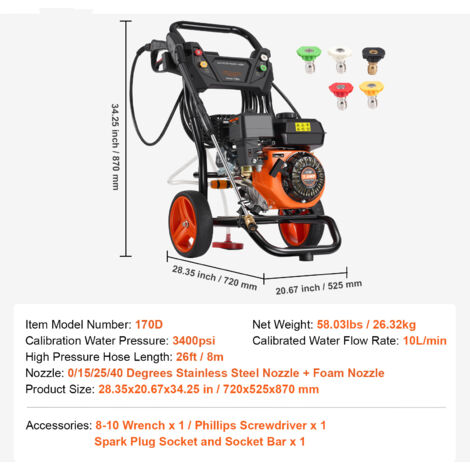 Mophorn Gas Pressure Washer, 3400 PSI 2.6 GPM 10L/min, with 5 Nozzle Set,The Gas Pressure Washer delivers 3400 PSI and a 10 L/min flow rate