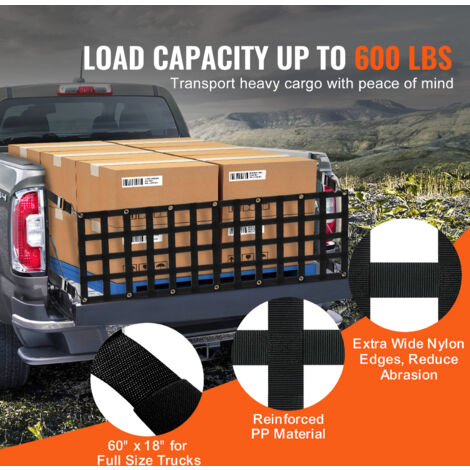 60'' X 18'' Tailgate Net For Pickup Truck Bed, Heavy Duty Tailgate Cargo Netting Full Size Truck Chevrolet Ford Toyota Gmc Jeep Black 60 X 18 - View #9