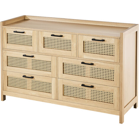 Mophorn 7 Drawer Rattan Dresser Natural Wood Chest with LED Light Modern Boho Storage Organizer for Bedroom Living Room Hallway