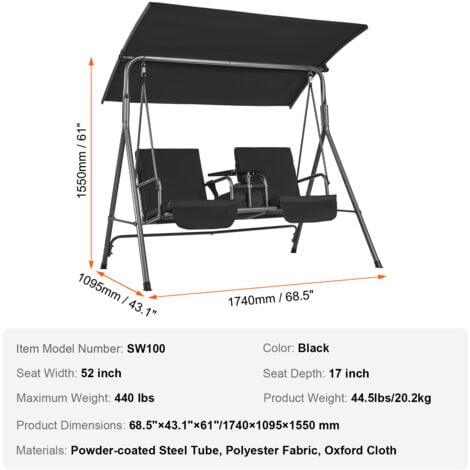 Mophorn 2-Seat Patio Swing Chair, Outdoor Swing with Adjustable Canopy, Storage Bag and Rotating Tray, Oxford Fabric & Alloy Steel Frame, for Balcony, Backyard, Poolside, Black