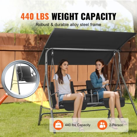 Mophorn 2-Seat Patio Swing Chair, Outdoor Swing with Adjustable Canopy, Storage Bag and Rotating Tray, Oxford Fabric & Alloy Steel Frame, for Balcony, Backyard, Poolside, Black