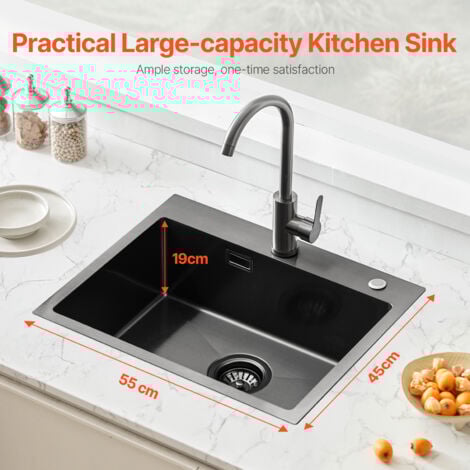Mophorn 55cm Kitchen Sink Workstation, 304 Stainless Steel Top Mount Sink. A Drop-In Single Bowl Farmhouse Basin with Accessories. Ideal for RV, Prep Kitchen and Bar (Black)