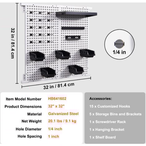 Mophorn Pegboard Wall Organizer 32" x 32", 330LBS Capacity, Metal Wall-Mounted Tool Storage Kit with 2 Pegboards, Hooks, Bins, Shelf Racks for Garage, Warehouse, Workshop