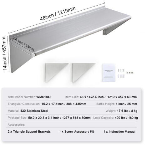 Mophorn 14" x 48" Stainless Steel Shelf, Wall Mounted Floating Shelving with Brackets, 400 lbs Load Capacity, Heavy Duty Storage Rack for Restaurant, Kitchen, Bar, Home