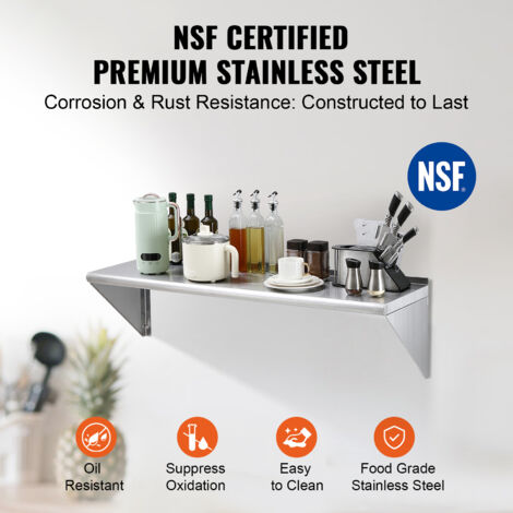 Mophorn 14" x 48" Stainless Steel Shelf, Wall Mounted Floating Shelving with Brackets, 400 lbs Load Capacity, Heavy Duty Storage Rack for Restaurant, Kitchen, Bar, Home