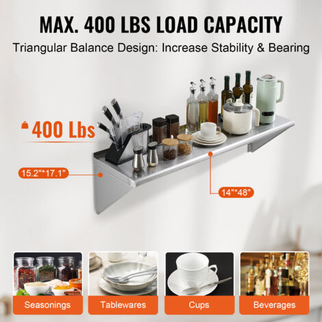 Mophorn 14" x 48" Stainless Steel Shelf, Wall Mounted Floating Shelving with Brackets, 400 lbs Load Capacity, Heavy Duty Storage Rack for Restaurant, Kitchen, Bar, Home