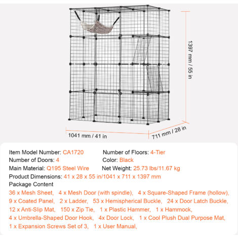 Mophorn Large 4-tier Cat Cage, 41 x 28 x 55", Detachable Metal Wire, Ideal for Cats & Small Animals, Black