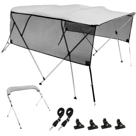 Mophorn 4-Bow Bimini Boat Top Cover, 8' x 54" x 79-84" (L x H xW ) Light Gray, Detachable Mesh Walls, 600D Polyester Canopy w/ 1in Aluminum Alloy Frame, Comes with Storage Boot, Straps, Poles (1/5)