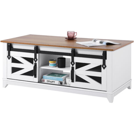 Mophorn 48" Farmhouse Coffee Table, Rectangle Table with 2 Sliding Barn Doors, 2-Tier Wooden Rustic Design with Removable Shelves for Living Room, Bedroom, Apartment, Studio, White & Natural