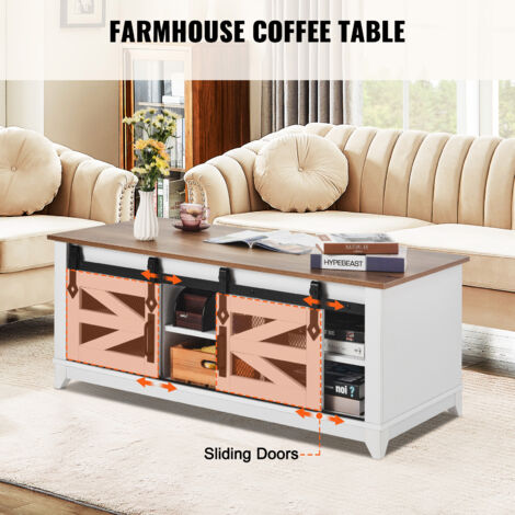 Mophorn 48 Farmhouse Coffee Table Rectangle Table with 2 Sliding Barn Doors 2 Tier Wooden Rustic Design with Removable Shelves for Living Room