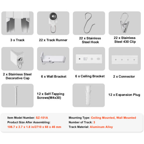 Mophorn Ceiling Curtain Track Set, 8.9 FT/2.7 Meter, Sliding System for Curtains, Ceiling/Wall Mounted for Living Room Bedroom, with Hooks and Hardware, White