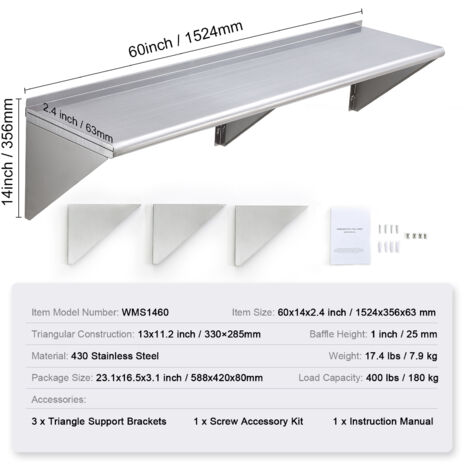 Mophorn 14" x 60" Stainless Steel Shelf, Wall Mounted Floating Shelving, 400 lbs Load Capacity, Heavy Duty Rack for Kitchen, Restaurant, Bar, Home