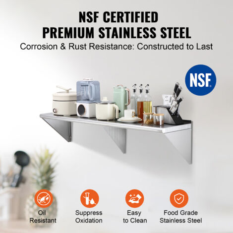 Mophorn 14" x 60" Stainless Steel Shelf, Wall Mounted Floating Shelving, 400 lbs Load Capacity, Heavy Duty Rack for Kitchen, Restaurant, Bar, Home