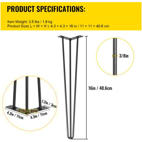Mophorn Hairpin Table Legs 16 inch Black Set of 4 Desk Legs Each 220lbs Capacity Hairpin Desk Legs 3 Rods for Bench Desk Dining End Table Chairs Carbon Steel DIY Table Legs Heavy Duty Furniture Legs