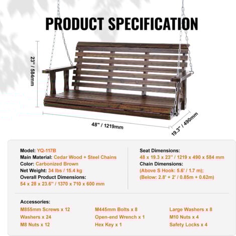 Mophorn Wooden Porch Swing 4.5 ft, Patio bench swing for Courtyard & Garden, Upgraded 880 lbs Strong Load Capacity, Heavy Duty Swing Chair Bench with Hanging Chains for Outdoors, Carbonized Brown