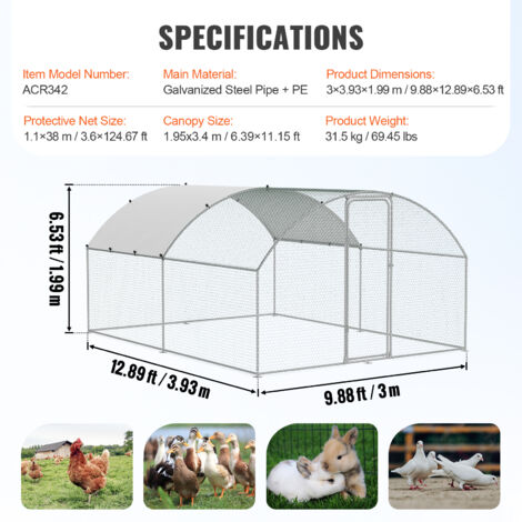 Mophorn Large Metal Chicken Coop, 9.8x12.9x6.5 ft Walk in Chicken Run for Yard with Waterproof Cover, Doom Roof Hen House with Security Lock for Outdoor and Backyard, Farm, Duck Rabbit Cage Poultry Pe