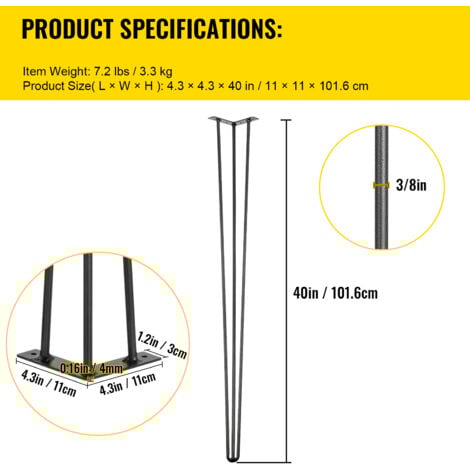Mophorn Hairpin Table Legs 40 inch Black Set of 4, 220lbs Capacity Each, 3 Rods, Carbon Steel, for Bench Desk Dining Table Chairs