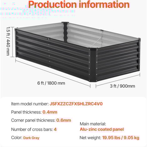 Mophorn Metal Raised Garden Bed, 6 x 3 x 1.5 ft, Galvanized, Spacious for Gardening, Dark Gray