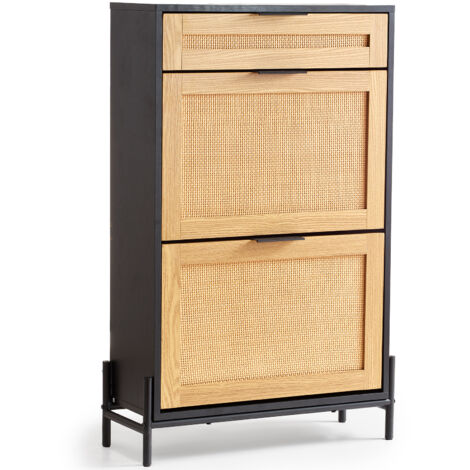 Mophorn Rattan Shoe Cabinet, Narrow Storage Organizer with 2 Flip Rattan Drawers & 1 Slide Drawer, Metal Legs, Slim Entryway Cabinet, Black