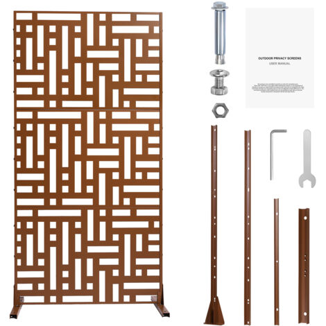 Mophorn Metal Privacy Screen, 47" W x 76" H, 3-Panel Outdoor Divider, Freestanding Steel Garden Privacy Fence for Balcony, Patio, Indoor Room, Brown