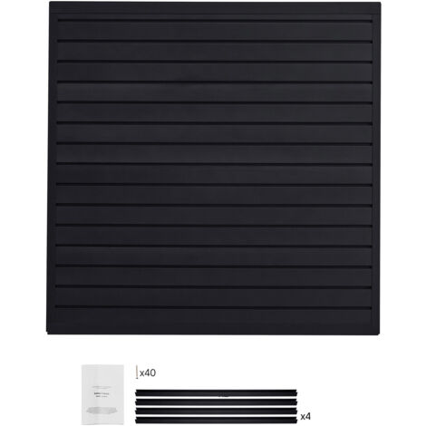 Mophorn 4x4 ft PVC Slat Wall Panel, black modular design. Easy-to-install, adjustable slatwall with coupling structure and DIY cutting options.