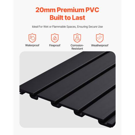 Mophorn 4x4 ft PVC Slat Wall Panel, black modular design. Easy-to-install, adjustable slatwall with coupling structure and DIY cutting options.