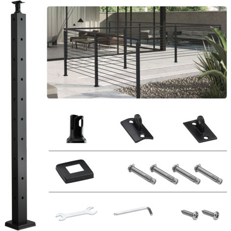 Mophorn Cable Railing Post, 36" x 1" x 2" Steel L-Shaped Hole Corner Railing Post, 10 Pre-Drilled Holes, SUS304 Stainless Steel Cable Rail Post with Horizontal and Curved Bracket, 1-Pack, Black