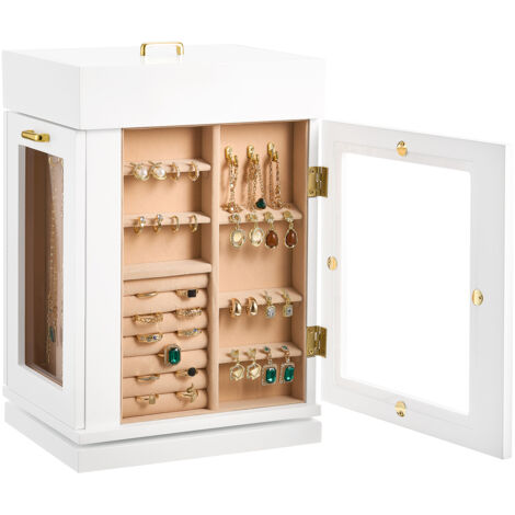 Mophorn 360° Rotating Jewelry Organizer with Magnetic Door, Clear Acrylic Window, Necklace Hooks, and Soft Lined Storage Case, White