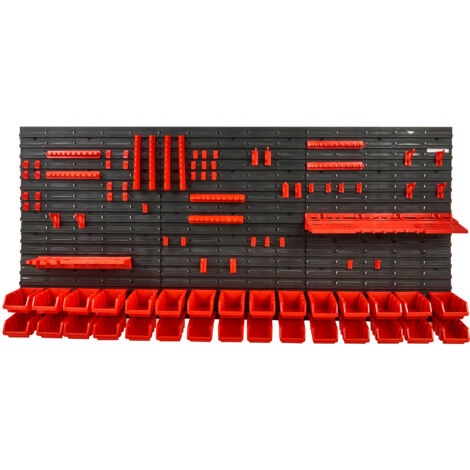 Mophorn Wall Mounted Storage Bins, 30-Bin Parts Rack Organizer with Wall Panels, Tool Holders & Hooks, Garage Plastic Tool Organizer for Nuts, Bolts, Screws, Nails, Beads, Buttons, Black and Red