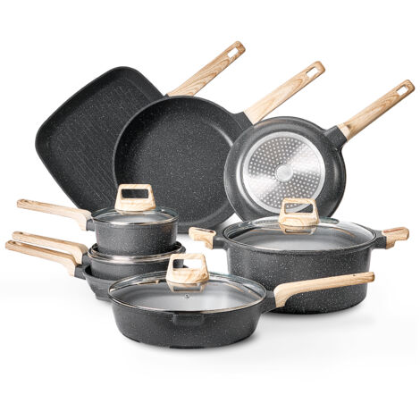 Mophorn 19-Piece Granite Nonstick Cookware Set, Induction-Compatible Kitchen Cooking Set with Frying Pans, Saucepans, Sauté Pans, Tempered Glass Lids, and Pan Protectors, Black
