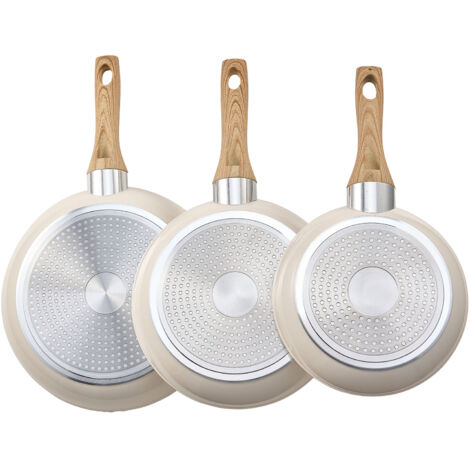 Mophorn Set of 3 Nonstick Ceramic Frying Pans (200, 240, 280 mm), Durable Aluminum Skillets with Heat-Resistant Handles, Versatile Cookware for Gas, Electric, and Induction Stoves, Beige