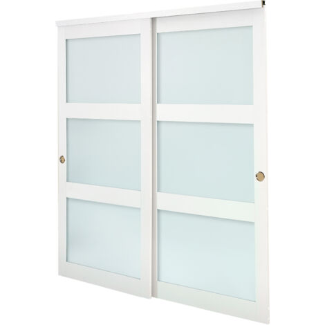 Mophorn Sliding Closet Door, 1829mm (Double 940mm) x 2032mm, 3-Lite Frosted Glass Bypass Doors with Hardware Kit, Durable Wood & MDF Panels with Water-Resistant PVC Coating for Closets and Bedrooms