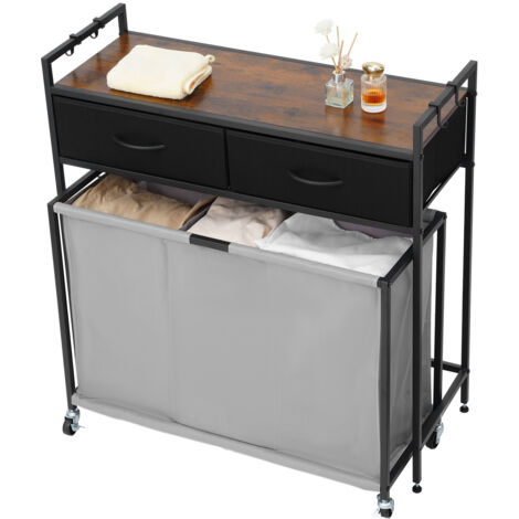 Mophorn 3-Section Laundry Sorter with Wheels, Organizer with Pull-Out Bags, Drawers, Hooks, and Wooden Top for Clothes and Bathroom Storage