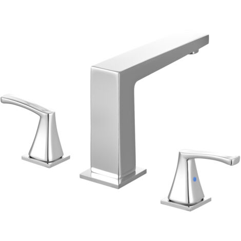 Mophorn Roman Tub Faucet, 3-Hole Waterfall Bathtub Fixture, Bath Faucet Set with Dual Handles, Deck-Mounted Tub Faucet for Washing Pets and Adult Bathing, Silver Finish, Right-Angle Spout Style