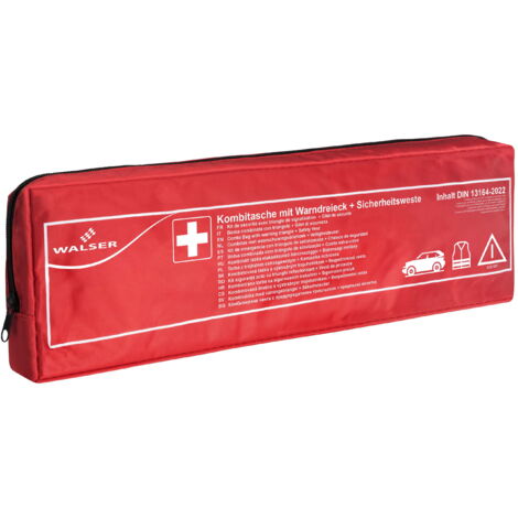 Trousse de secours automobile rouge conforme à la norme DIN 13164:2022, y compris triangle de panne et gilet de sécurité