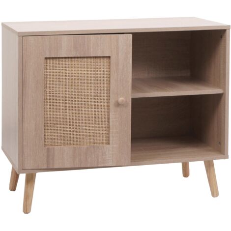 Cassettiera HWC-M35 Con Ante In Rattan Kubu - Sideboard In Melamina Effetto Rovere, 86x68x40 Cm