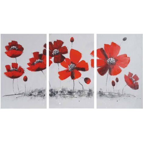 Set 3x dipinti a mano pittura ad olio su tela 55x90cm papaveri (1/5)