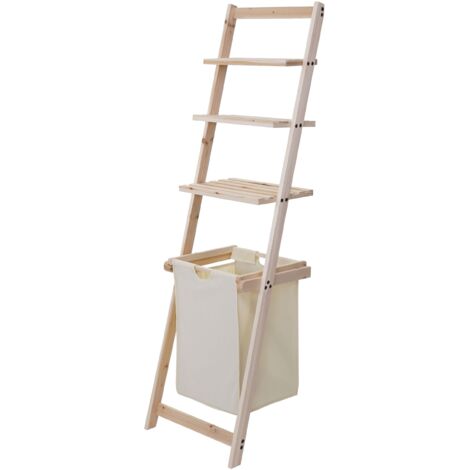 Scaffale con cesta portabiancheria HHG-581 3 ripiani legno di abete (1/5)