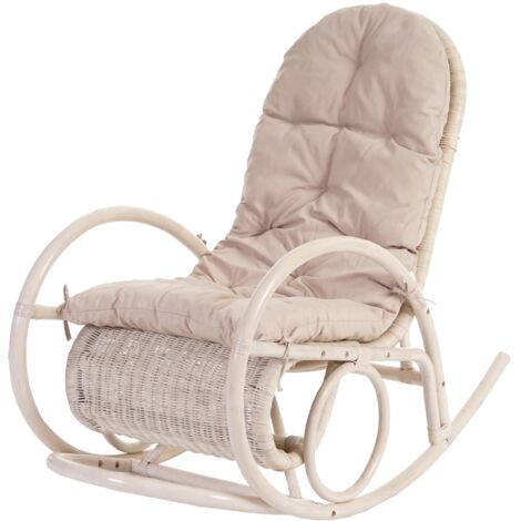 Sedia a dondolo elegante classica Esmeraldas legno rattan 115x58x101cm cuscino avorio