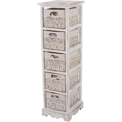 Scaffale cassettiera con 5 ceste shabby vintage legno di paulonia 28x25x90cm bianco