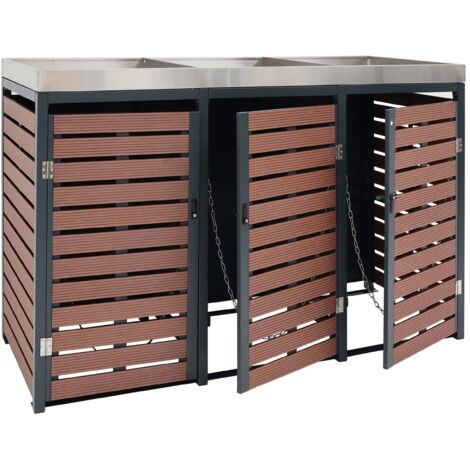 2x copribidoni box spazzatura rifiuti con fioriera HHG-614 XL 102x146x124cm metallo WPC marrone