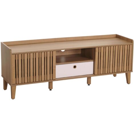 [NON UTILIZZATO] Porta TV HHG-421, mobile basso, anta scorrevole legno massiccio mango 56x150x40cm, naturale, cassetto bianco (1/5)