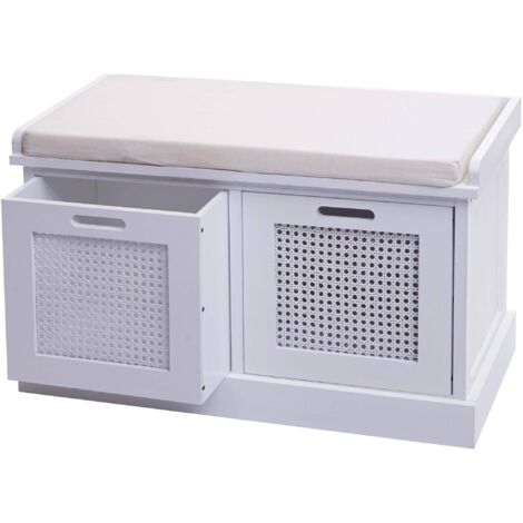 [NON UTILIZZATO] Panca panchina da interni con cuscino 2 box ceste contenitori HHG-809 legno MDF bianco