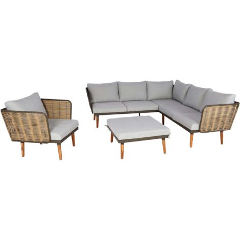 Set salotto giardino esterno salottino HWC-H55 intreccio polietilene legno di acacia spun poly cuscini grigio chiaro | Leroy Merlin