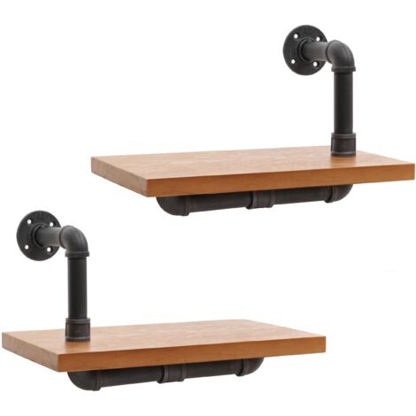 [NON UTILIZZATO] Set 2 mensole da parete HHG-077, scaffale sospeso libreria, industriale struttura 3D acciaio legno 29x45x25cm, naturale (1/5)