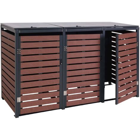 3x copribidoni box spazzatura rifiuti HHG-662 84x205x119cm metallo WPC marrone