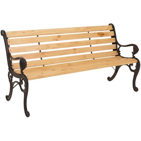 Panca da giardino HHG-444, panchina da parco in legno 3 posti, ghisa legno pino certificato MVG, 164cm, naturale