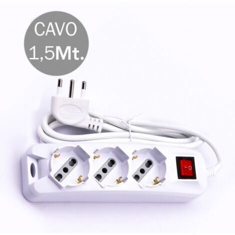 Multipresa con 3 Prese 10/16A 2P+T Bipasso/Schuko 45° e Interruttore Generale Luminoso e Cavo 1,5m Spina 16A 2P+T Colore Bianco (1/6)