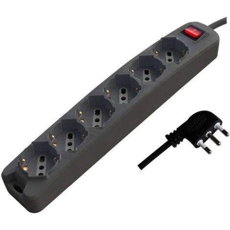 Multipresa con 6 Prese 10/16A 2P+T Bipasso/Schuko 45° e Interruttore Generale Luminoso e Cavo 1,5m Spina 16A 2P+T Colore Nero (1/5)